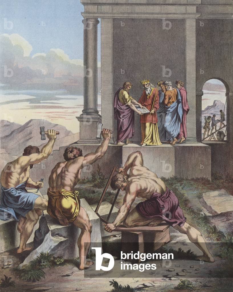 Salomo überwacht den Bau des Tempels von Jerusalem (Farbe litho)