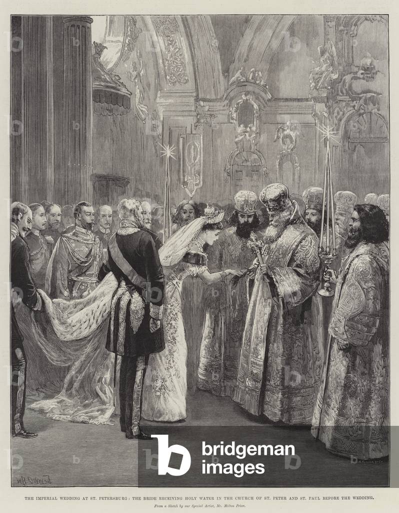 il matrimonio imperiale a san Pietroburgo, la sposa che riceve acqua santa nella chiesa di san Pietro e san Pa