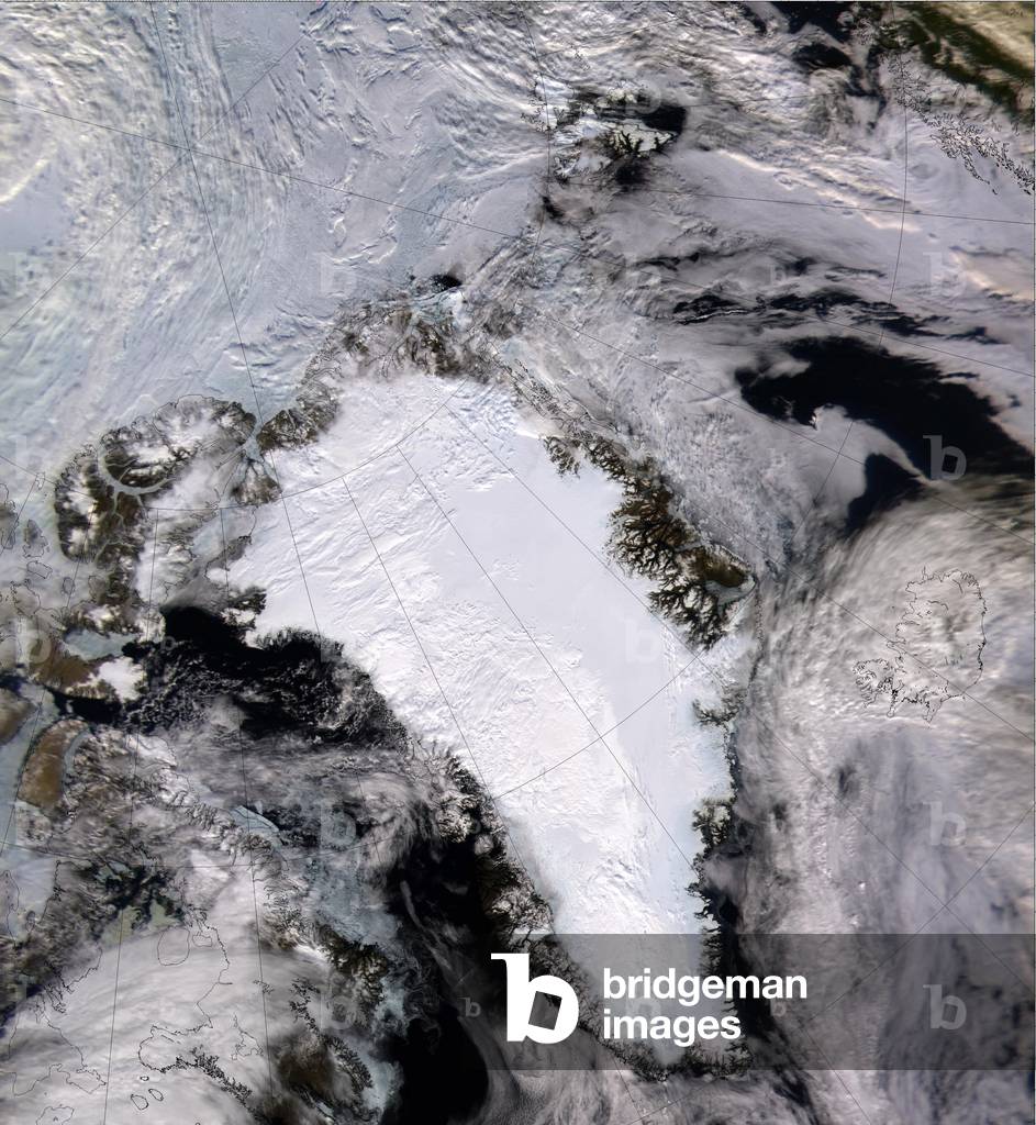 "Satellitenbild eines schneebedeckten Grönlands im Jahr 2000. Credit NASA."