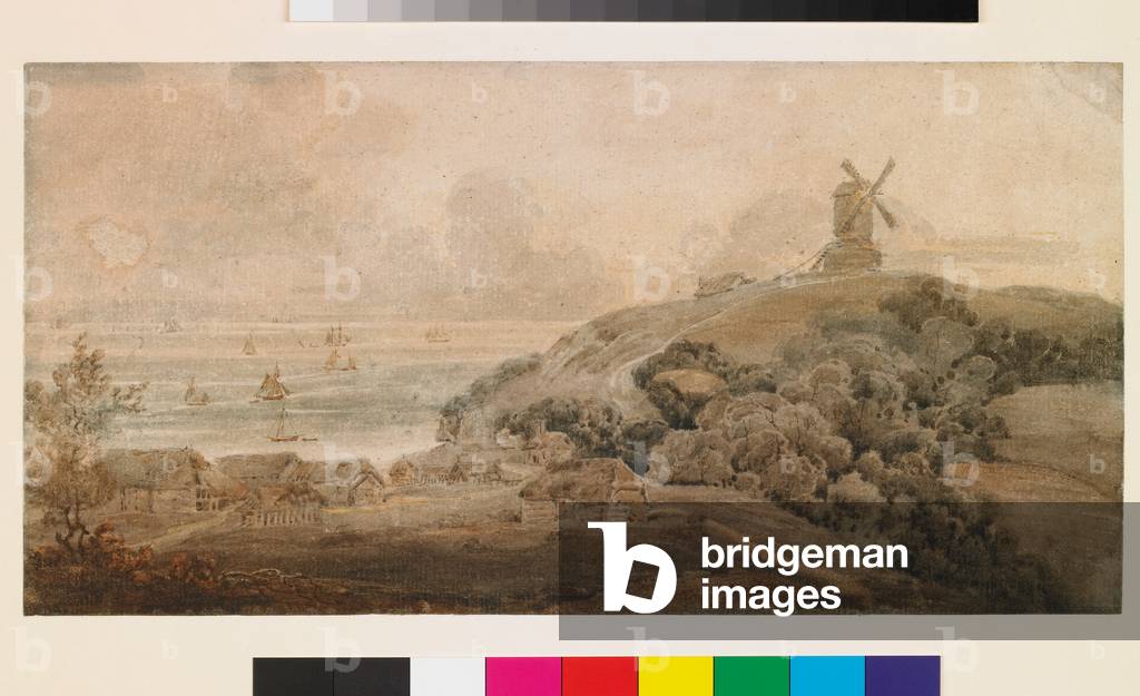 Bild von Zeichnung "Landschaft mit Windmühle auf hügeligem Grund am Meer", c.1797-98 von Thomas Girtin