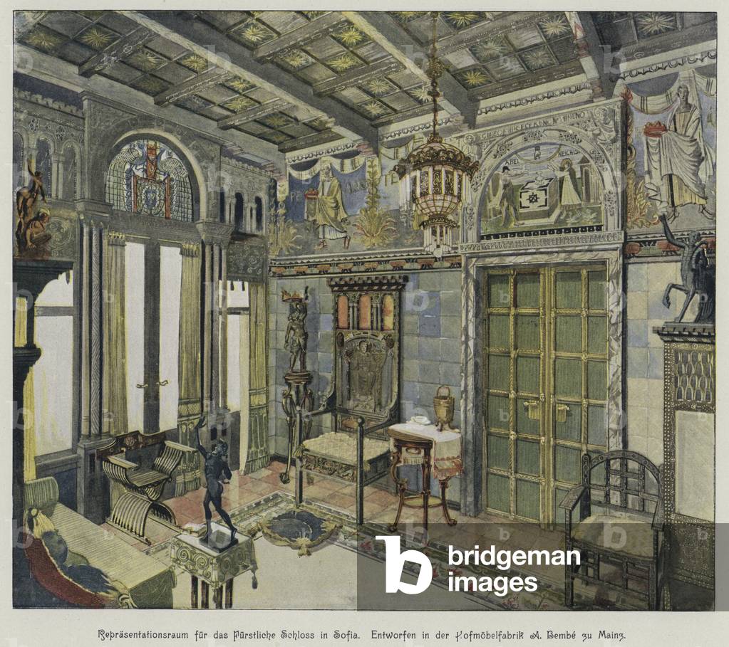 Entwurf eines Raumes im Königspalast in Sofia, Bulgarien, produziert von der Möbelfabrik A Bembe in Mainz (far