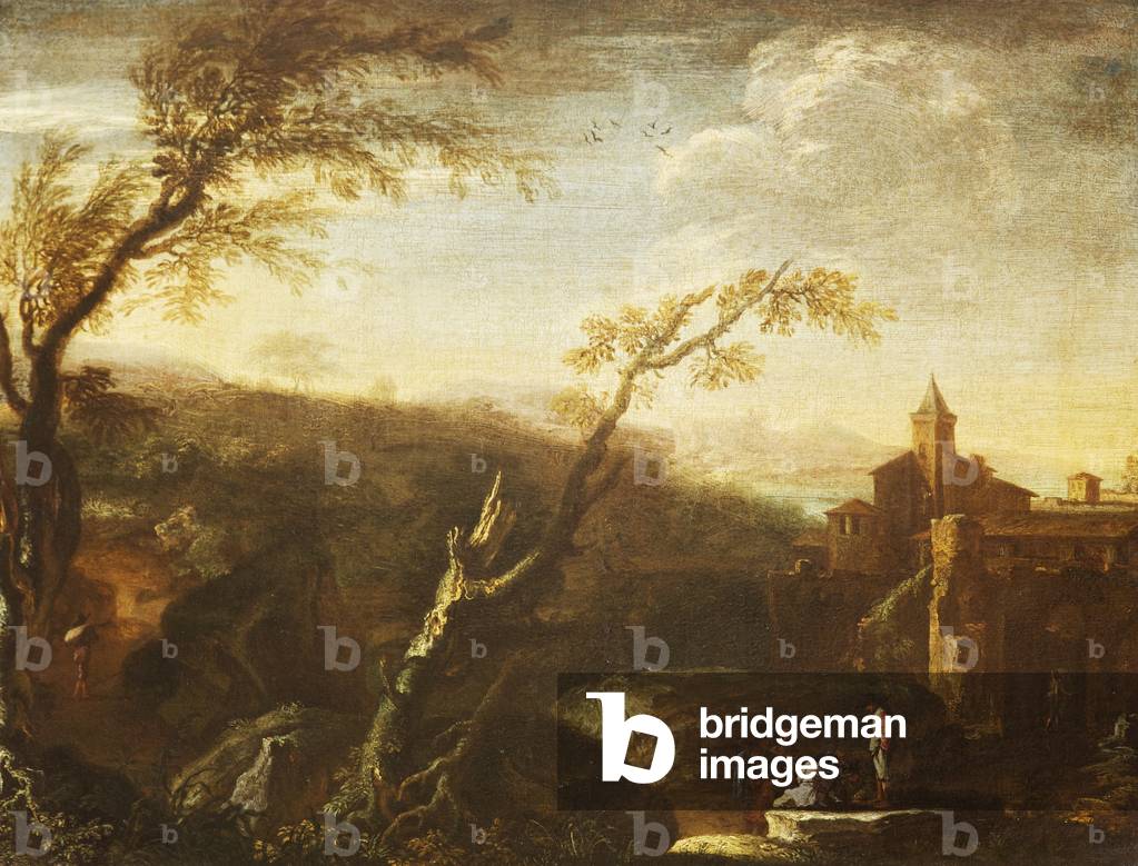 Italienische Landschaft mit zwei Figuren auf einem Felsen vor einer befestigten Stadt