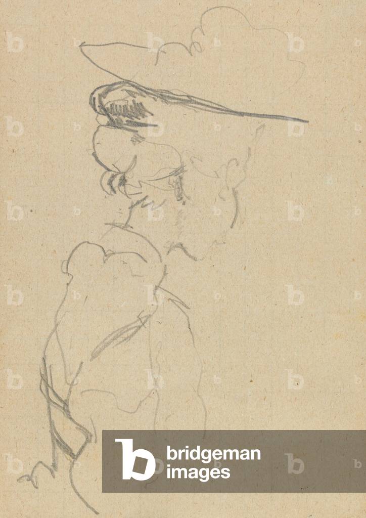 Testa e spalle di una donna in un cappello, in profilo perso, a destra (grafite su carta)