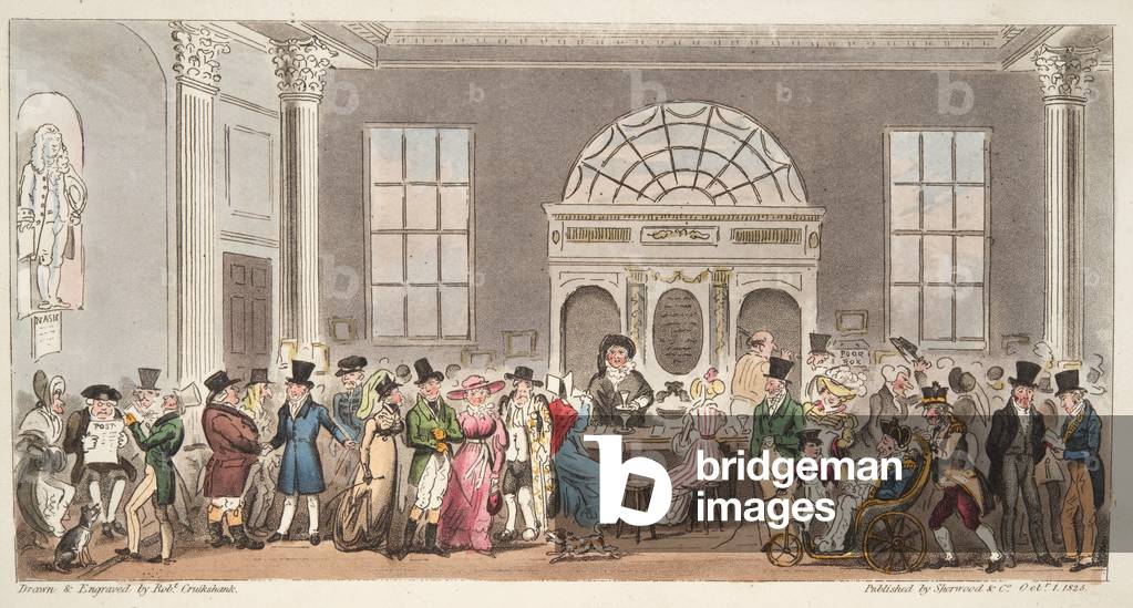 Visitatori noti alla Pump Room, Bath, che sorseggiano con King Bladud, da 'The English Spy', pub. 1824 (incisi