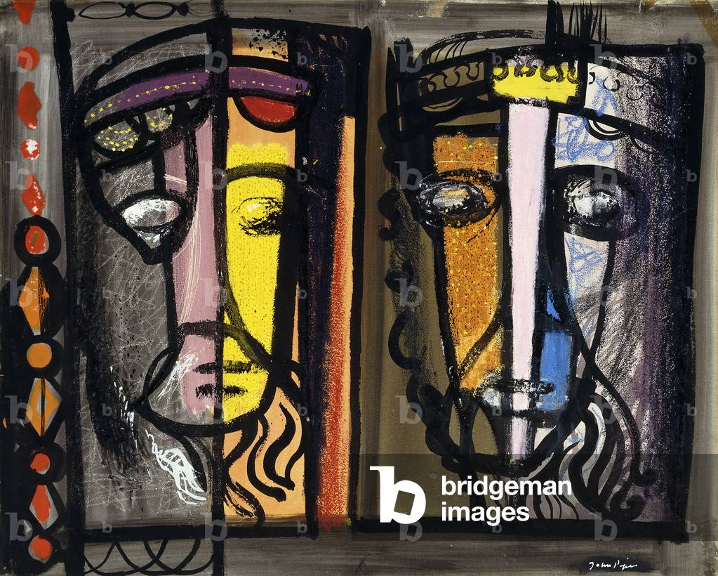 Two Heads - Design for a stained-glass window, (watercolour, gouache, wax chalk and brush on paper)