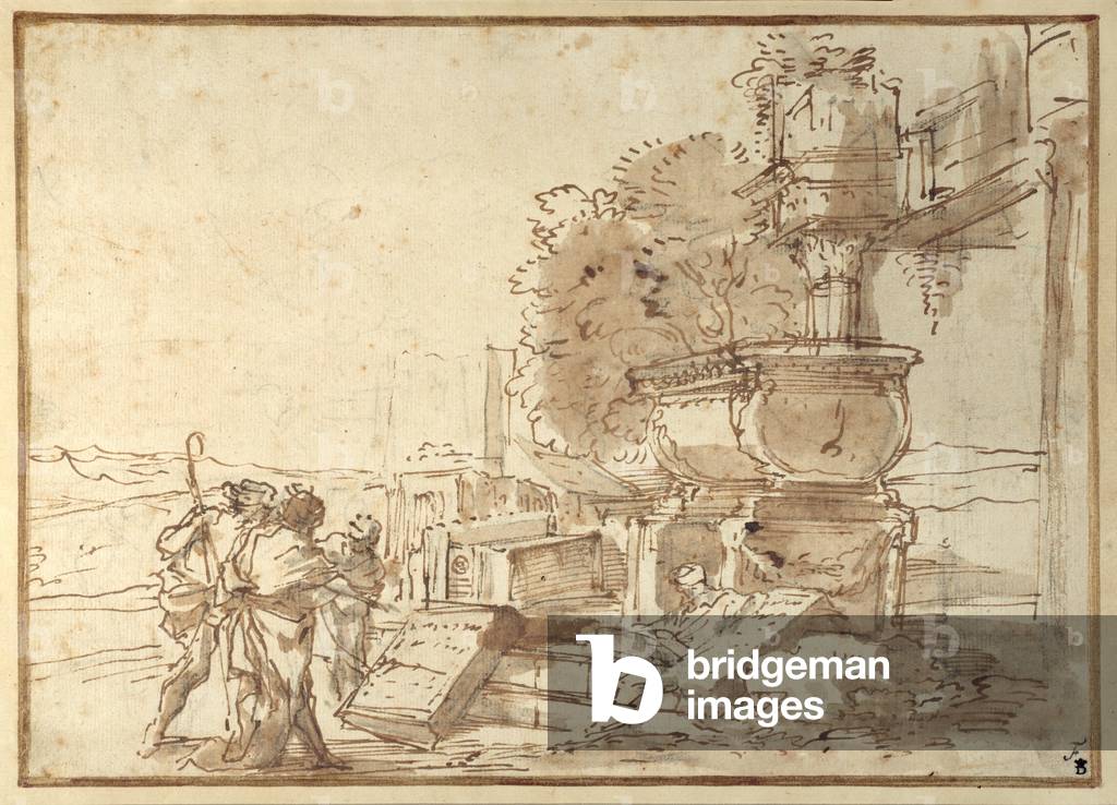 Et in Arcadia Ego... (penna e inchiostro marrone con lavaggio marrone su gesso nero su carta)