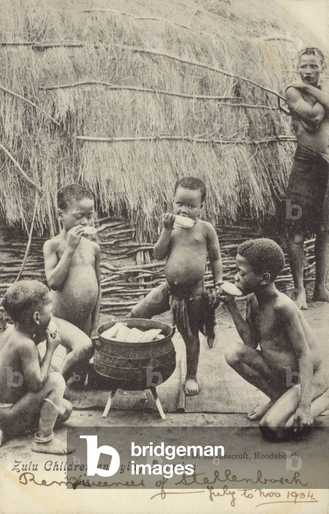 Immagine di Fotografia "Cartolina raffigurante bambini Zulu che gustano le crocchette (foto b/n)" di South Afr