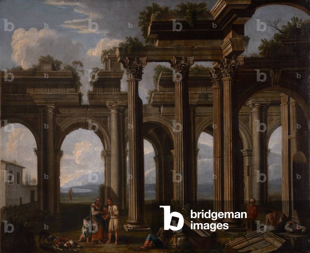 Classical Ruins of a Doric Arcade and Corinthian Colonnade with Lazzaroni and a Fortune-teller