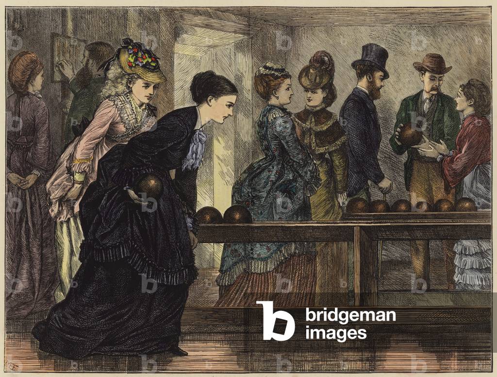 Image de Gravure représentant Une ruelle américaine à dix broches (gravure colorée) par American School, b/w