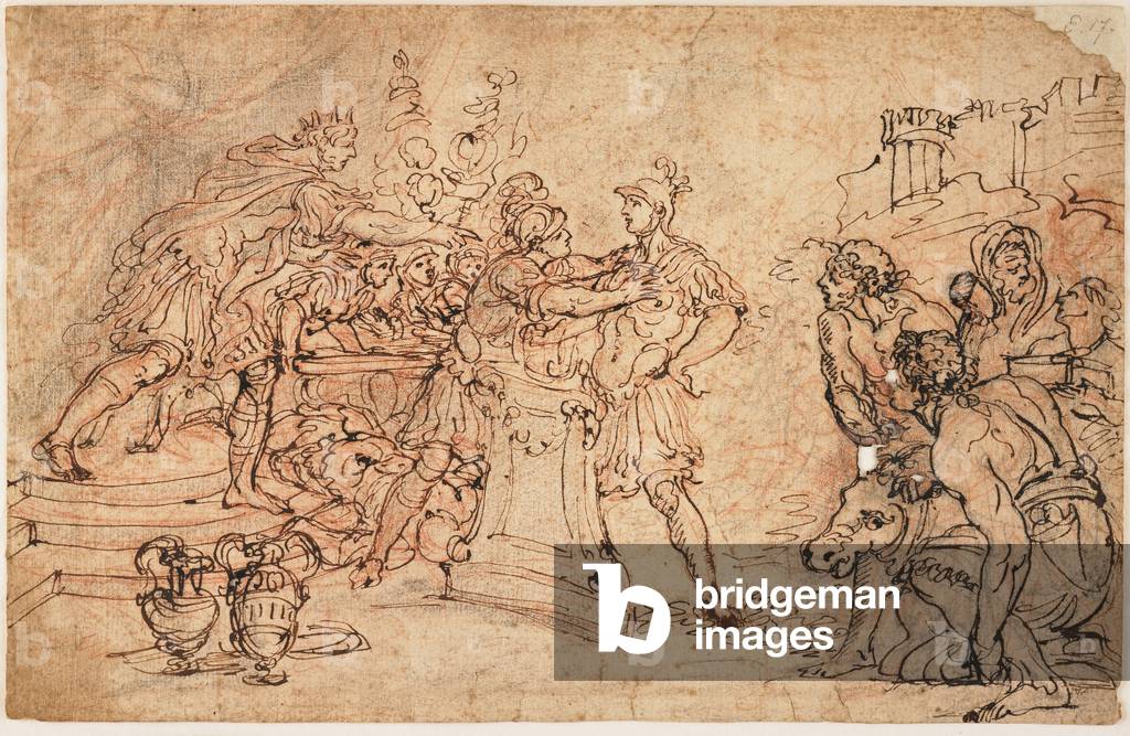 Mucio Scaevola Prima di Porsena, 1740s (penna & inchiostro marrone, nero & rosso gesso)