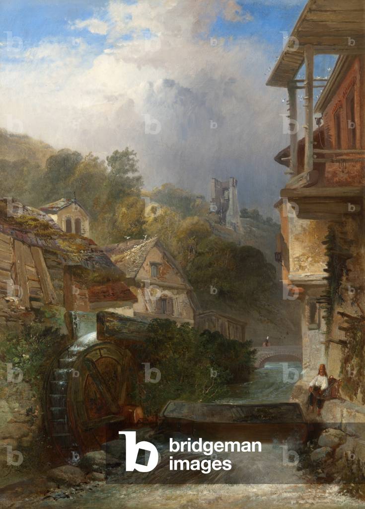 Bild von Gemälde "fluss mit wassermühle und dorf darüber hinaus" 1864 von James Vivien de Fleury