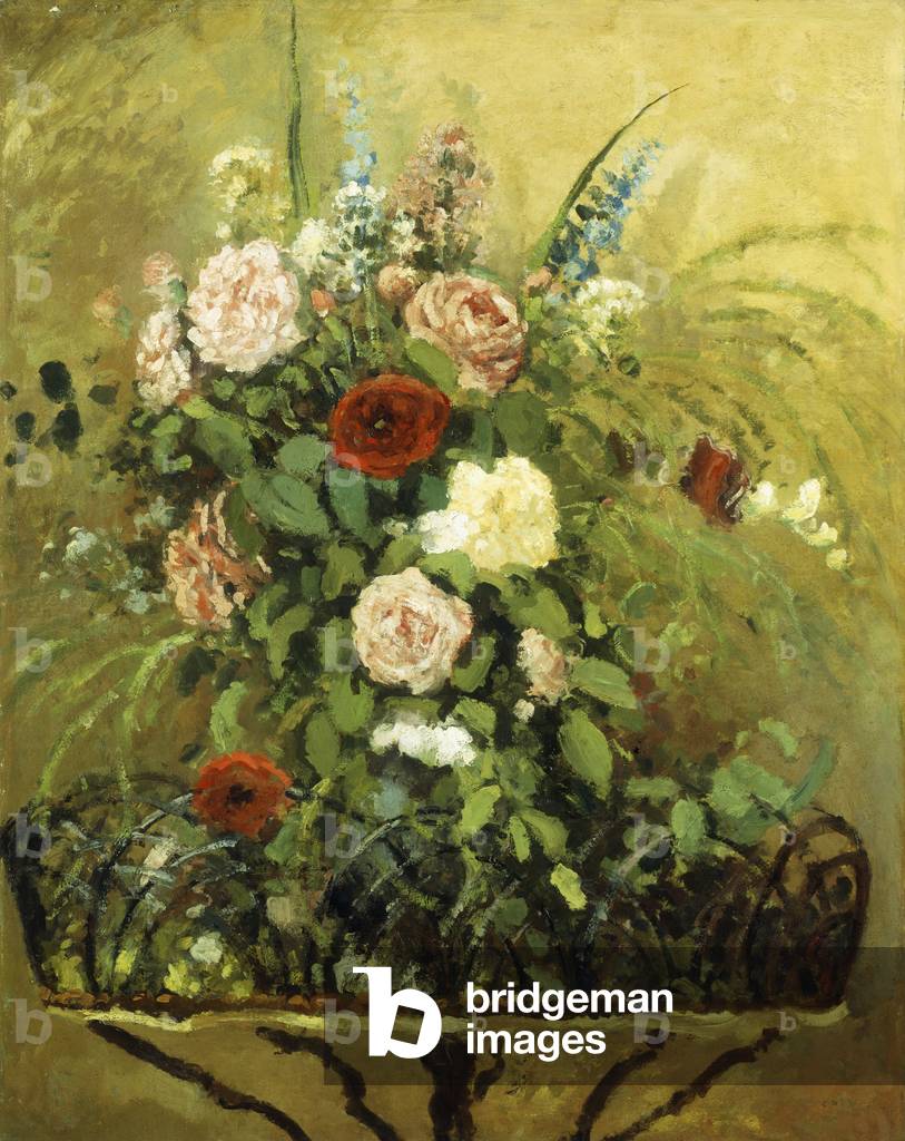 Blumenstrauß mit einem rustikalen hölzernen Jardiniere; Blumenstrauß von Fleurs, Avec Jardiniere en Bois Rusti