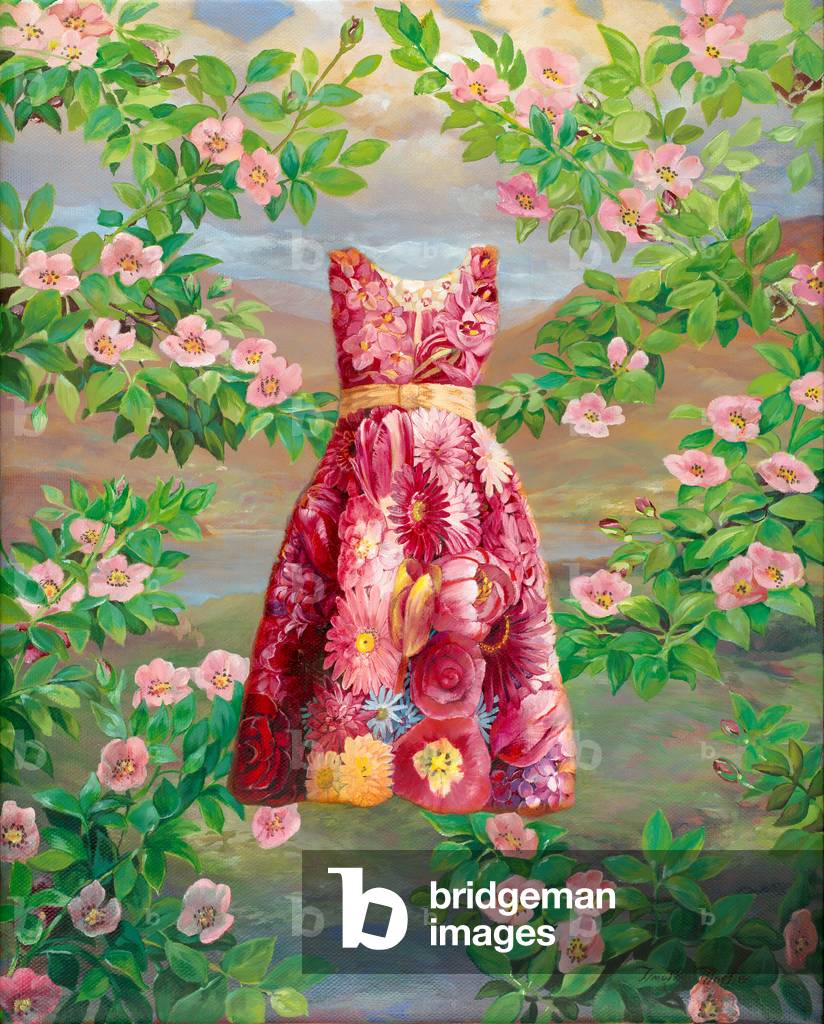 Wäscheleine - Red Daisy Dress, 2019 (Öl auf Papier)