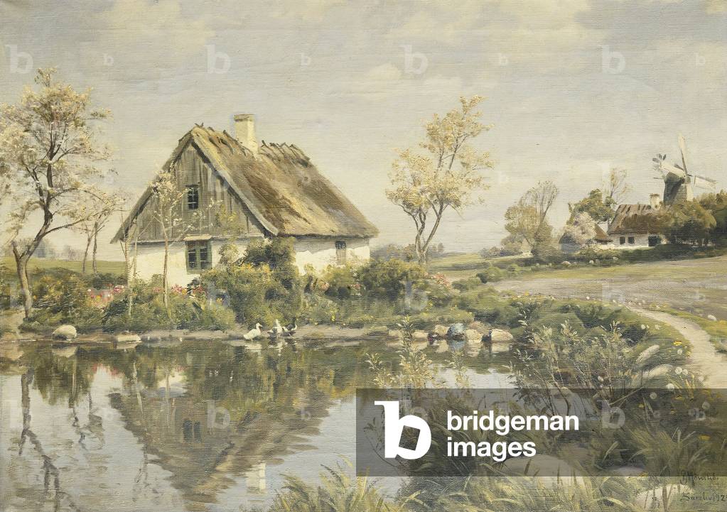 Bild von Gemälde "Ein Hütte von einem Teich", 1925 von Peder Monsted, b/w