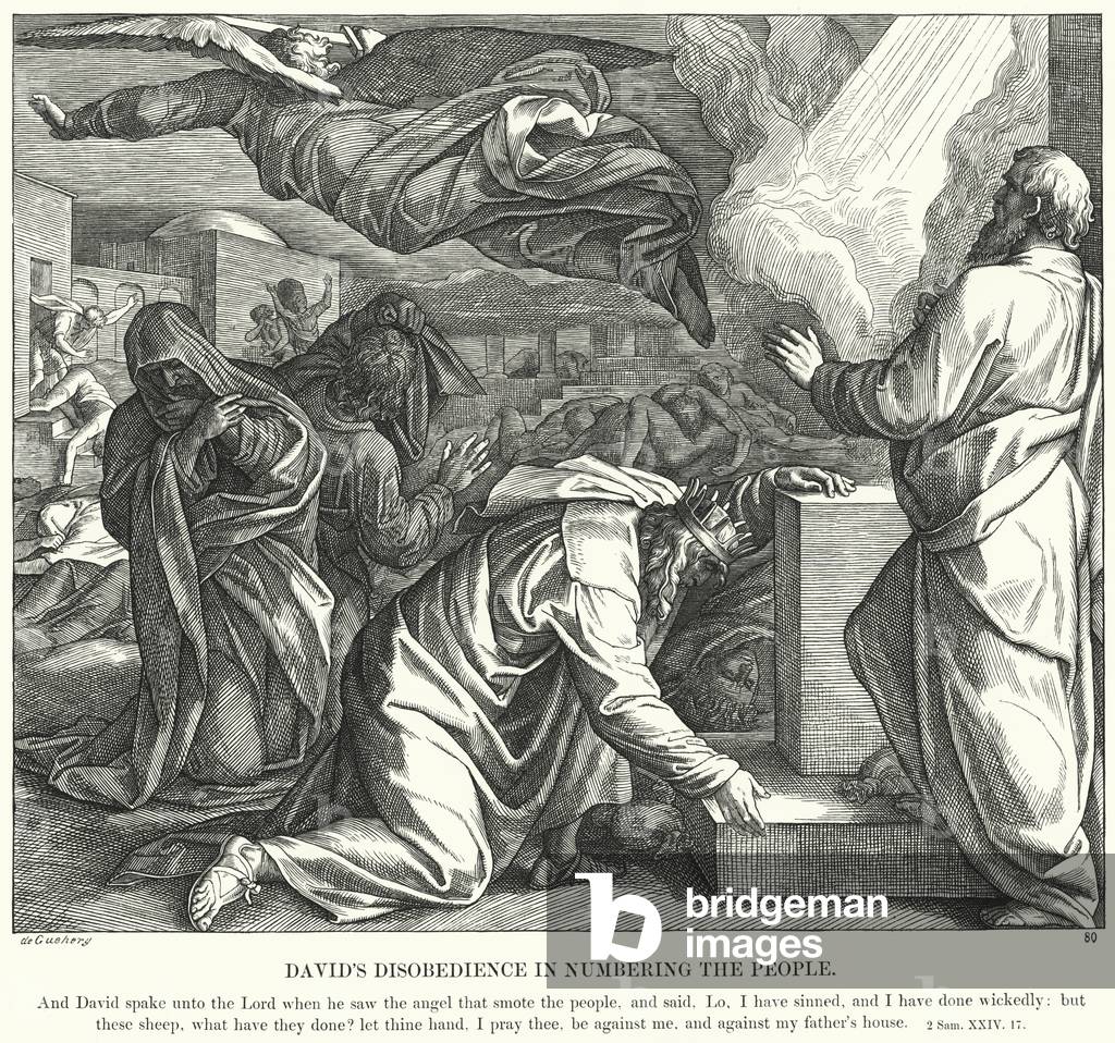 "La disobbedienza di Davide nella numerazione del popolo (incisione)" di Julius Schnorr von Carolsfeld, b/w