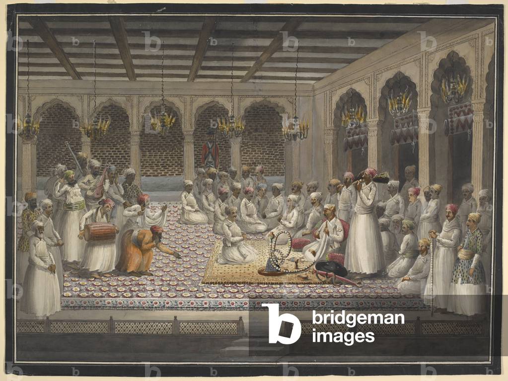 Nawab Asaf al-Daula sitzt auf einem Teppich, raucht eine Wasserpfeife und hört einer Gruppe von männlichen Mus