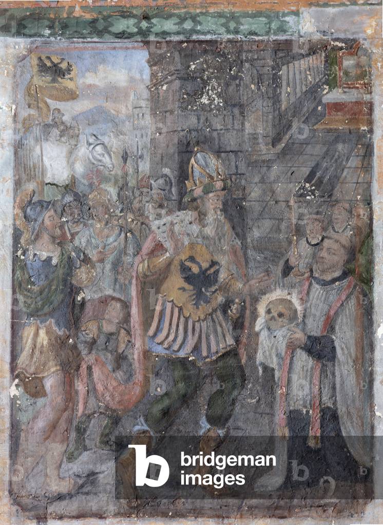 Interior, the southern chapel (chapel of St. James?), murals, 1594 (?), scene 2: Emperor Charles receives the 