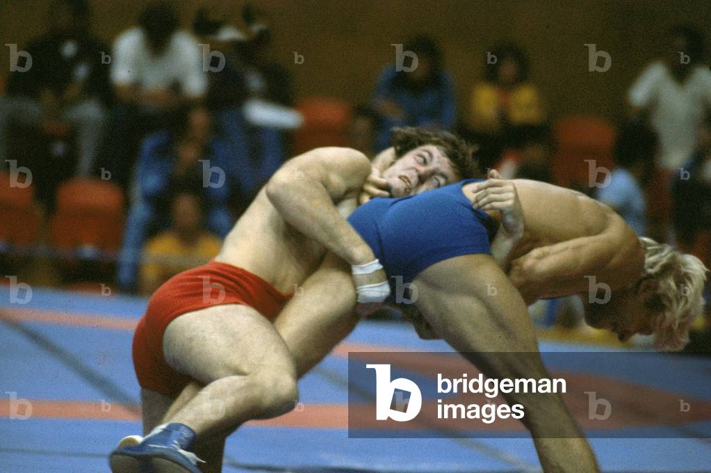 Image of Freestyle wrestling match during the 1976 Montreal Olympics