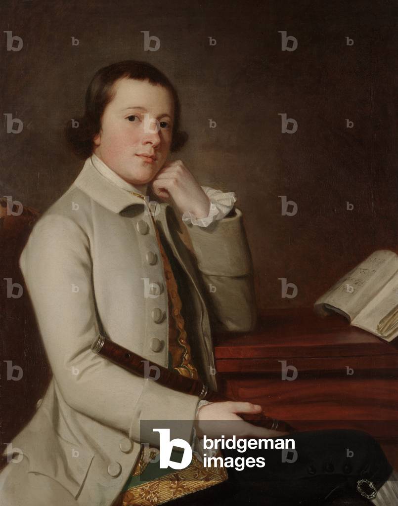 Bild von Gemälde "Junger Mann mit Flöte", 1760s von George Romney, b/w