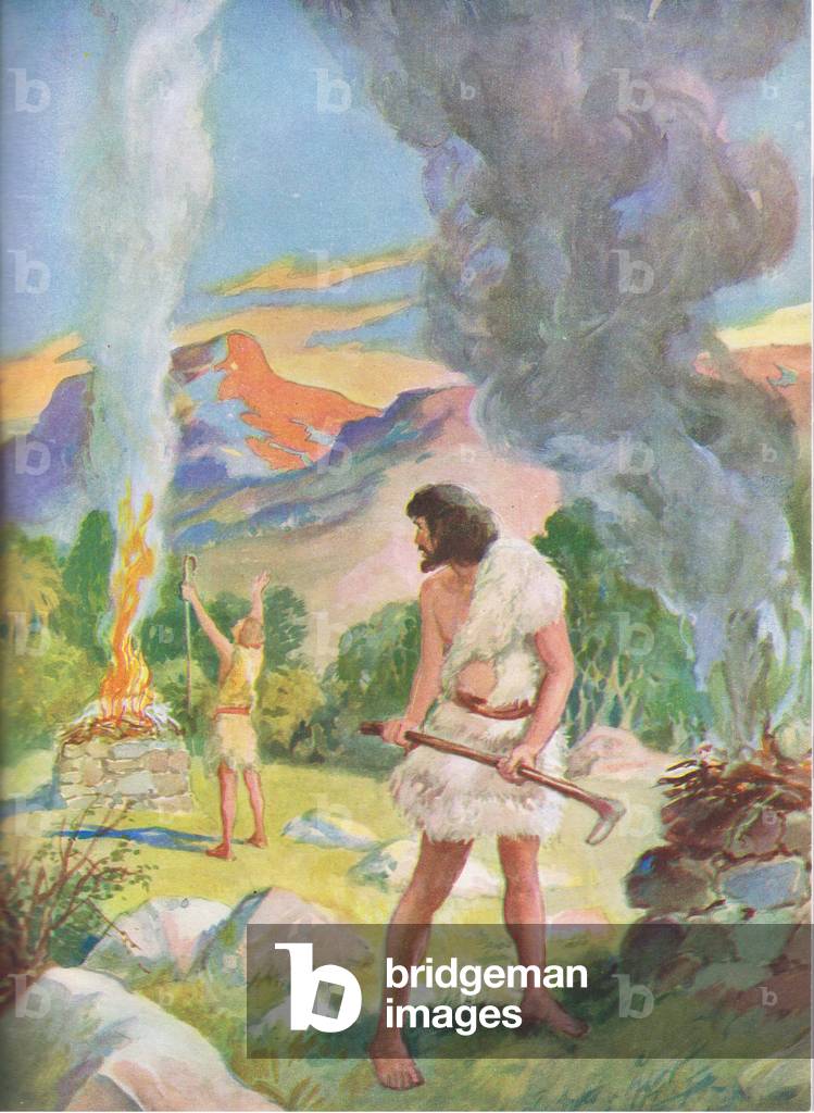 Cain and Abel make offerings to God (colour litho) by Henry Coller