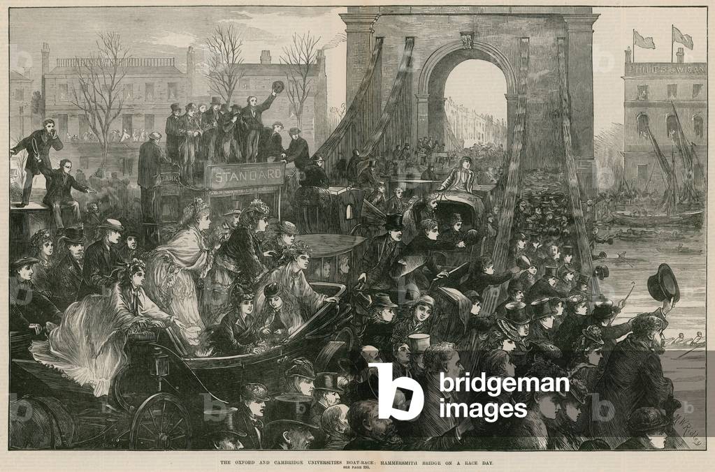 "Oxford e Cambridge Boat Race: Hammersmith Bridge il giorno della gara (incisione)" di Matthew White Ridley