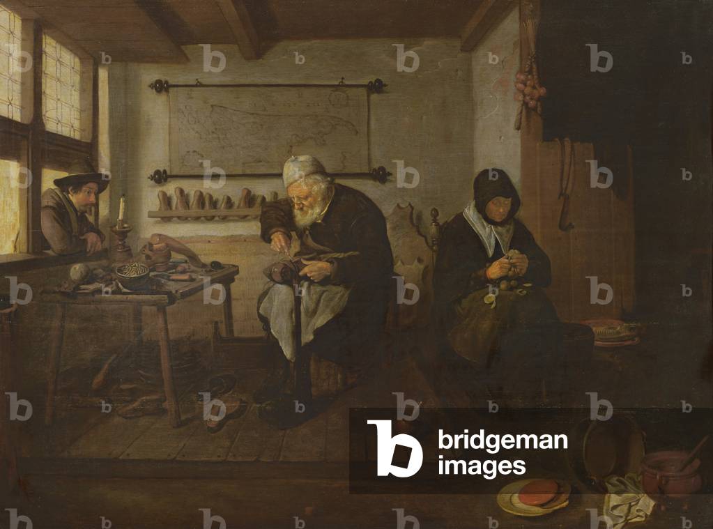 Bild von Gemälde "Der Schuster (Öl auf Platte)" von Quiringh Gerritsz. van Brekelenkam, b/w