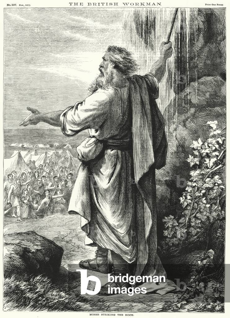 Image de Gravure représentant Moïse frappant le rocher 1873 par English School, b/w
