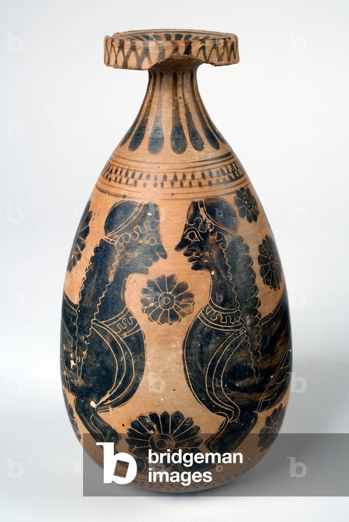 Alabastron con sfingi contrapposti, periodo arcaico, ca. 580-560 a.C. (terracotta)