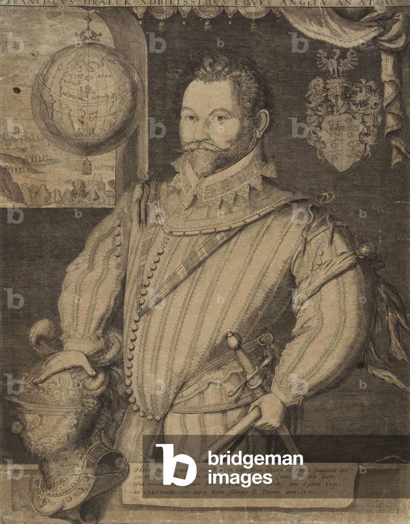 "Ritratto Signore Francis Drake" di Jodocus Hondius, b/w