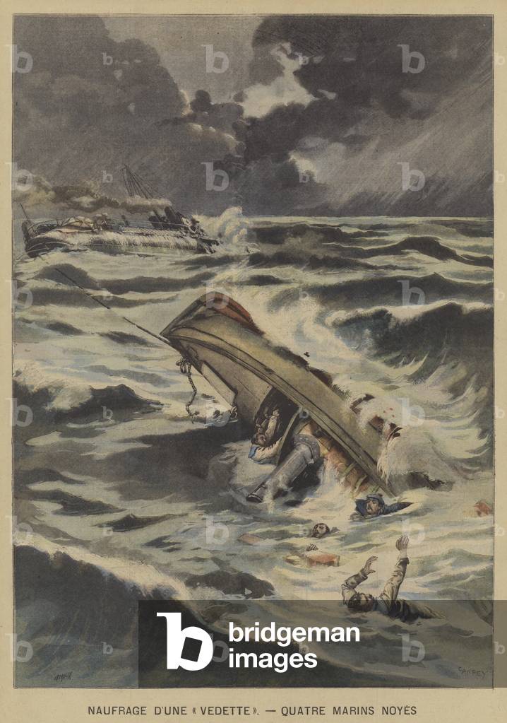 Four sailors drowned in the capsize of a launch (colour litho) by French Artist