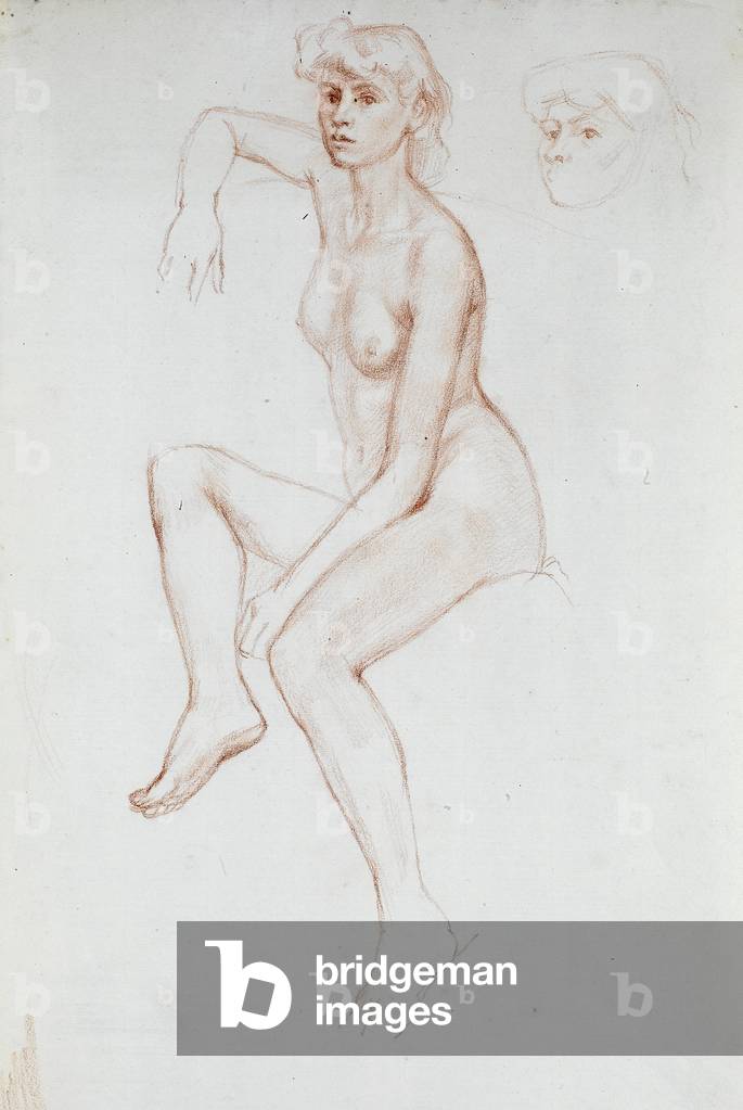 Studie eines sitzenden nackt, ein Arm und ein Bein angehoben (roter Bleistift auf Papier)