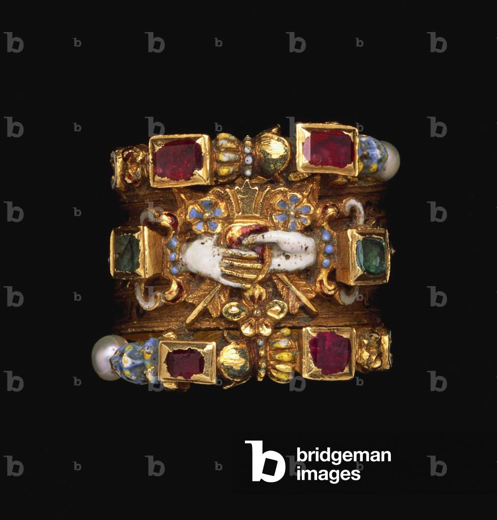 A rare and important Renaissance jewelled gold and enamel dated marriage ring, c.1610 (gold, enamel)