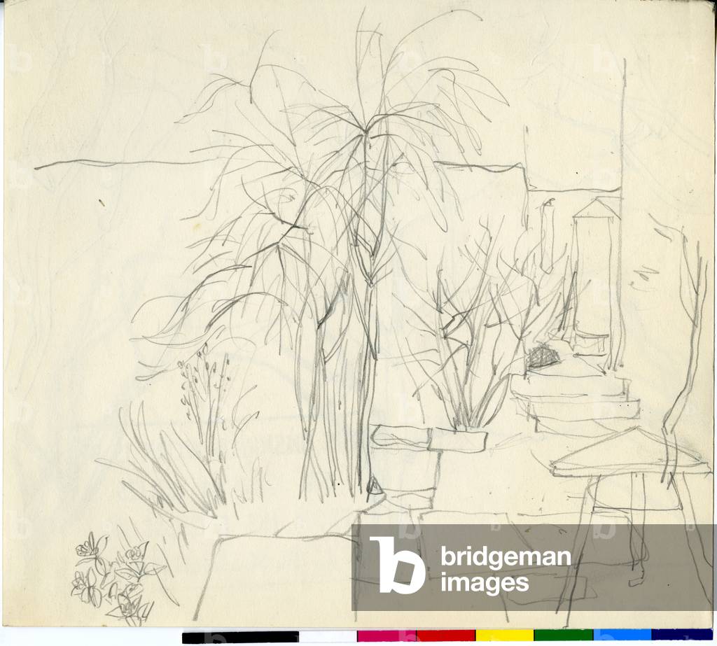 Gartenweg mit Sträuchern und einem Hocker, Tempelskizze, um 1939-73 (Bleistift auf Papier)
