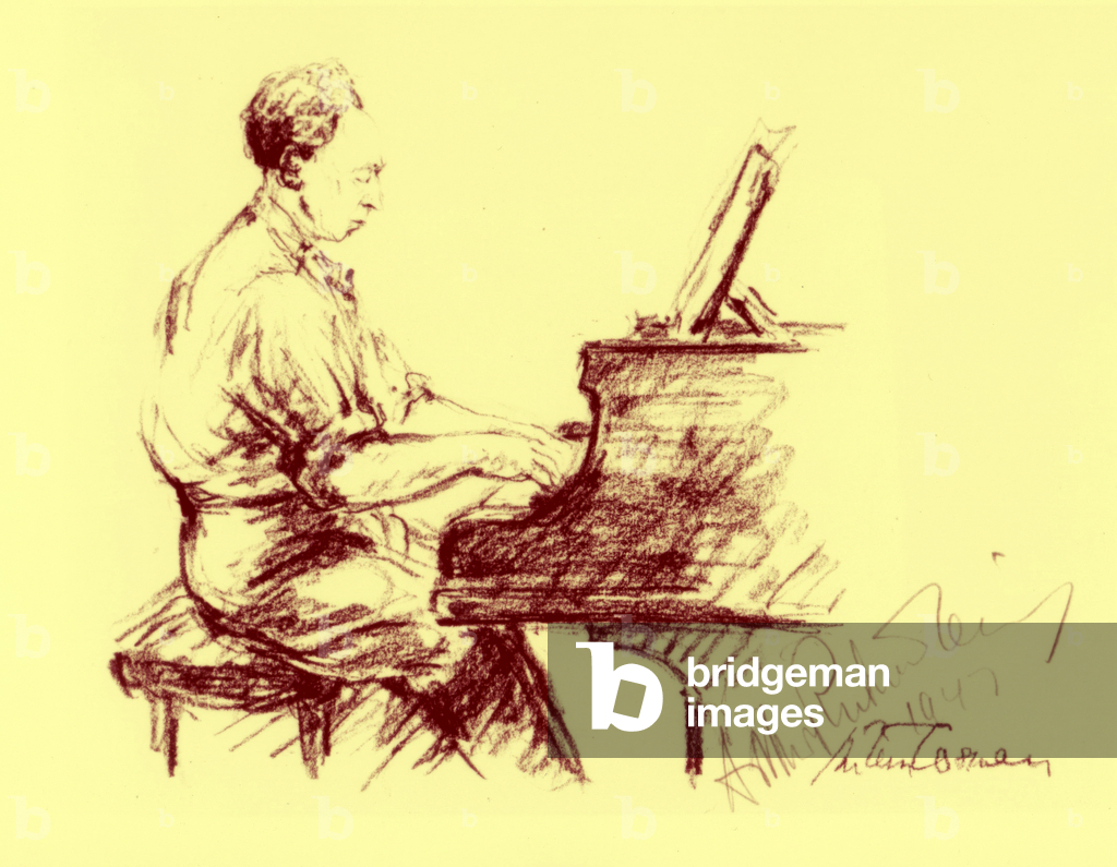 Schizzo di Arthur Rubinstein al pianoforte, 1947.
