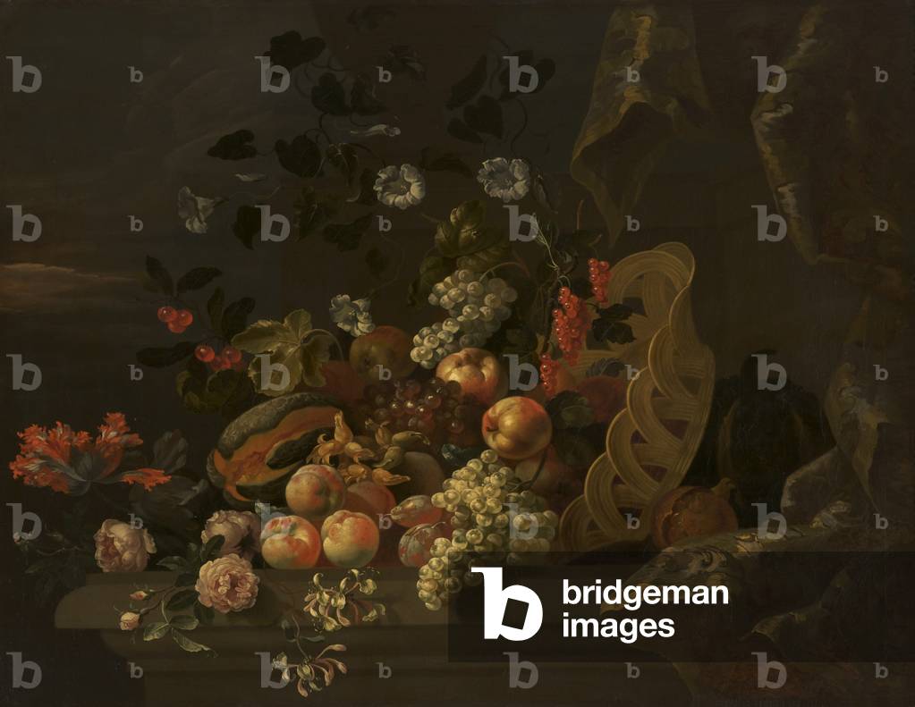 Immagine di Dipinto "ancora la vita con un cesto di frutta e le fiori olio su tela" di Tobias Stranovius, b/w