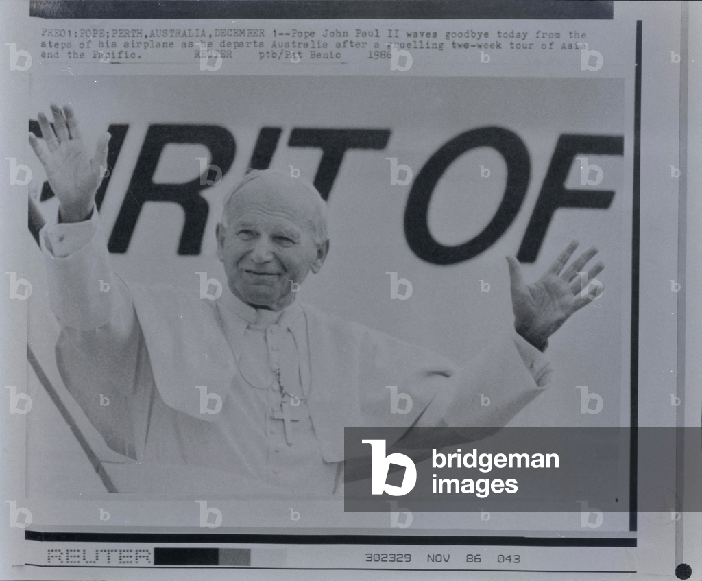 Image of Pope John Paul II waves goodbye from the steps of by Benic, Pat