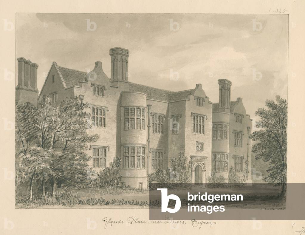 Sussex - Lewes - Glynde Place: disegno di seppia, 1830 (disegno)