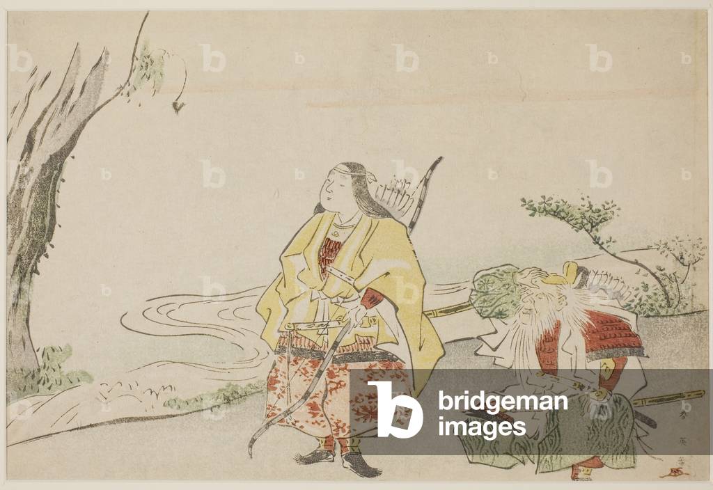 Image of Print depicting Empress Jingu (left) 1780 by Katsukawa Shun'ei, b/w