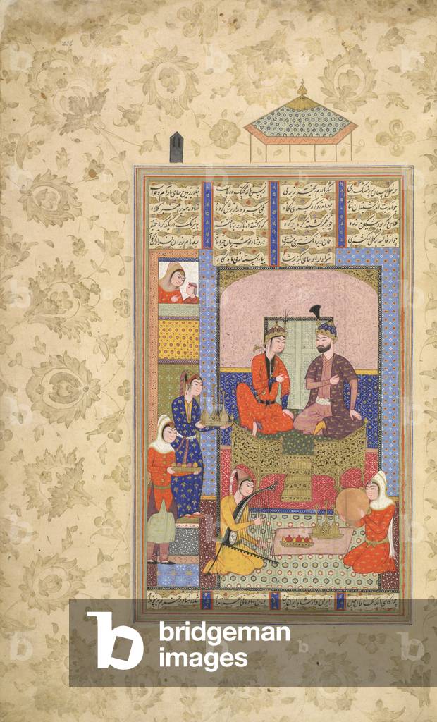Anushirvan et le Khaqan de la fille de Chin écoutant des musiciens. Tableau miniature tiré d'un manuscrit du X