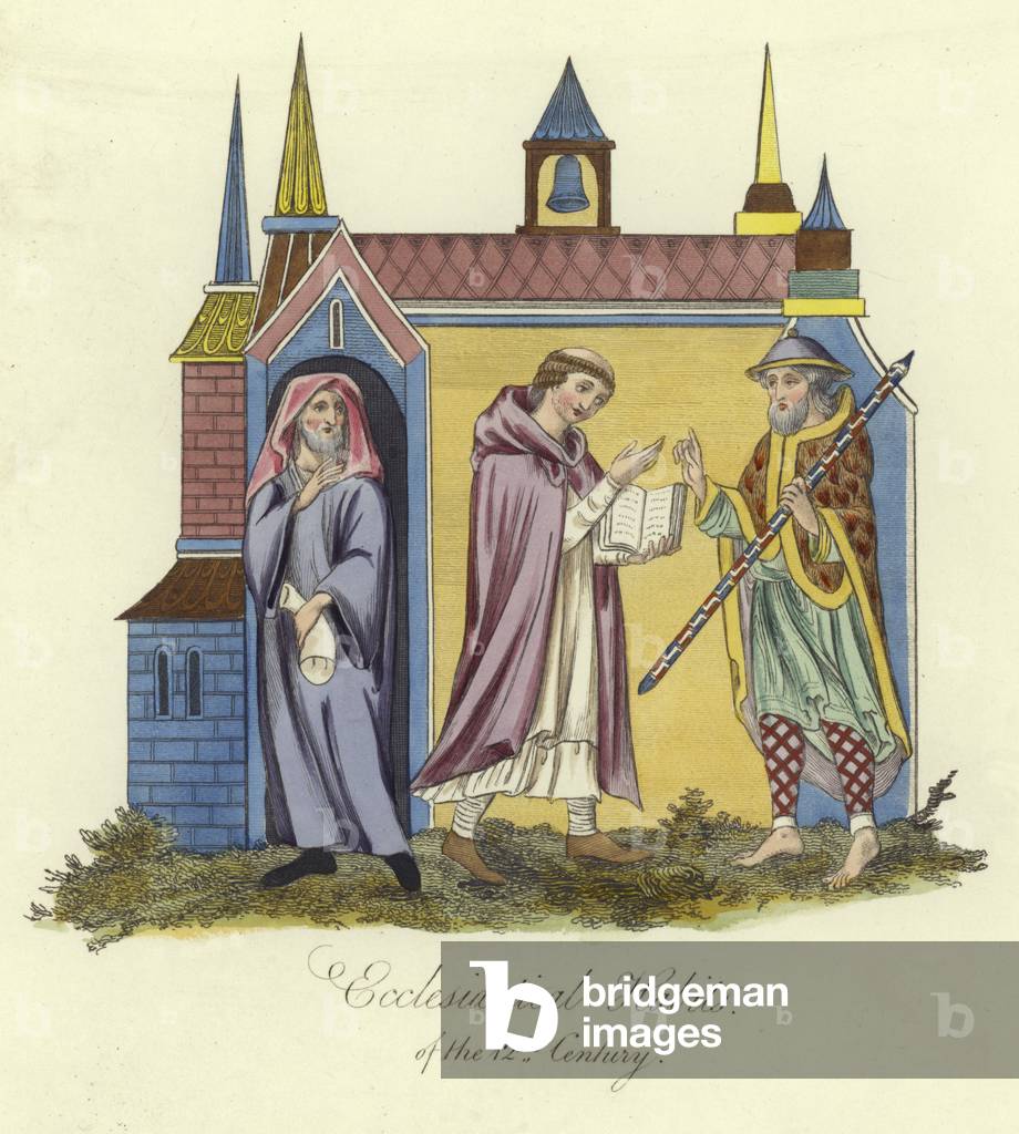 Abitudini ecclesiastiche del sec. XII (incisione a colori)