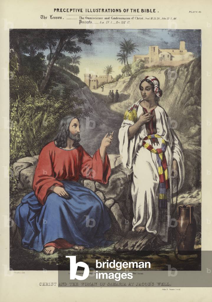 Cristo e la donna di Samaria al pozzo di Giacobbe (incisione a colori)