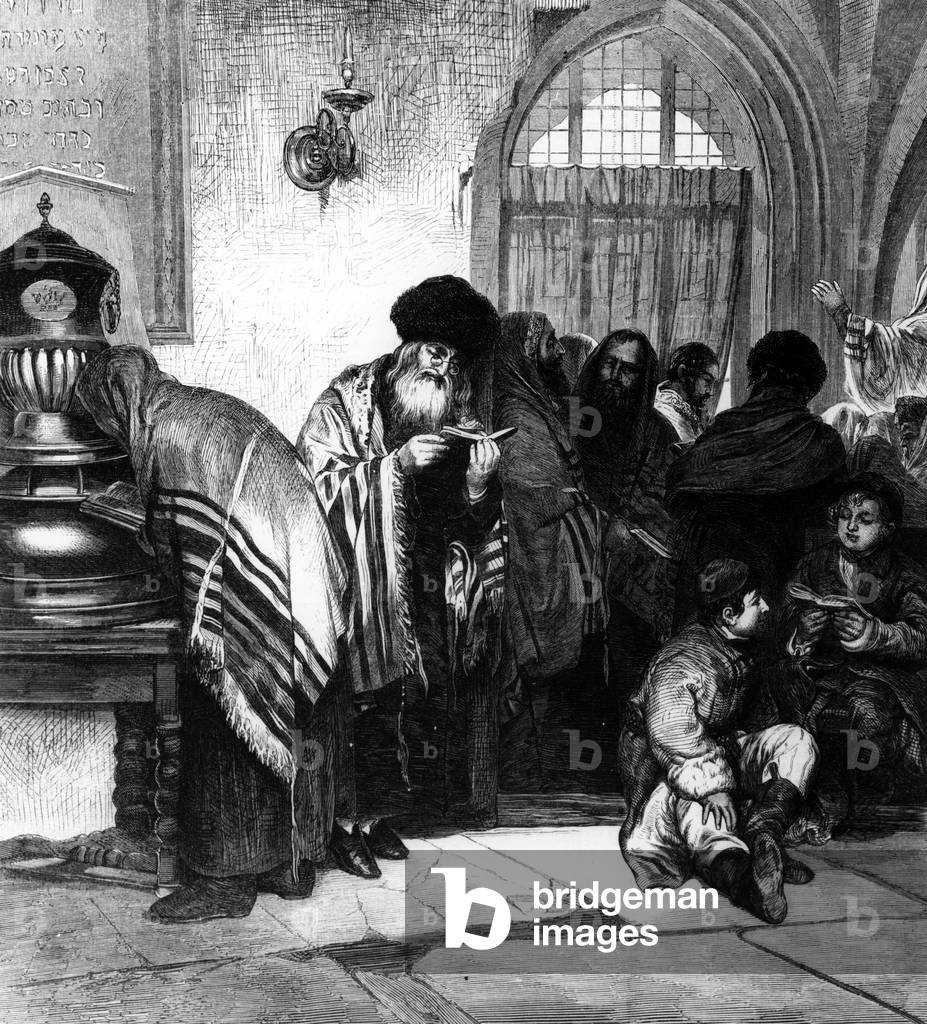 Polish Jews in a Synagogue (engraving) by Wilhelm August Stryowski, b/w