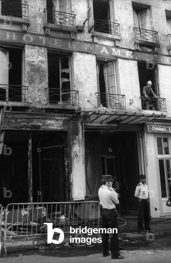 Image of Fire in the Hotel d'Amérique, Paris, 1976 (b/w photo)