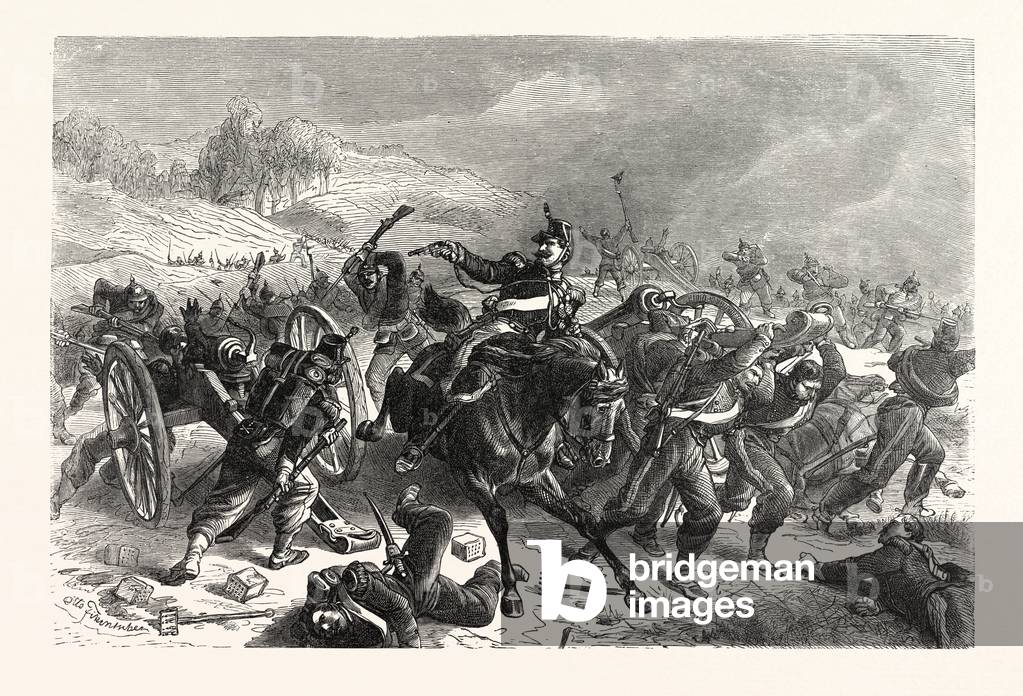 Image of Engraving depicting Franco-Prussian War: French Mitrailleusenbatterien Fled from the Saxon Infantry R