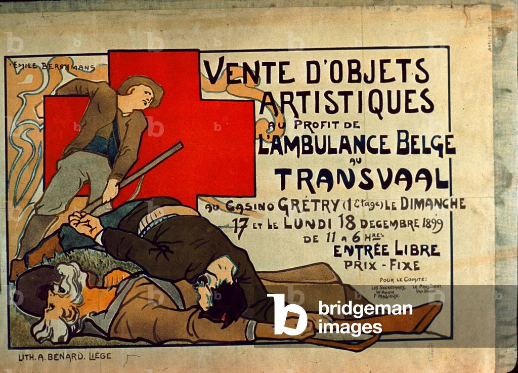 Plakat für den Verkauf von Kunstobjekten zugunsten des belgischen Krankenwagens im Transvaal, Lithographie von