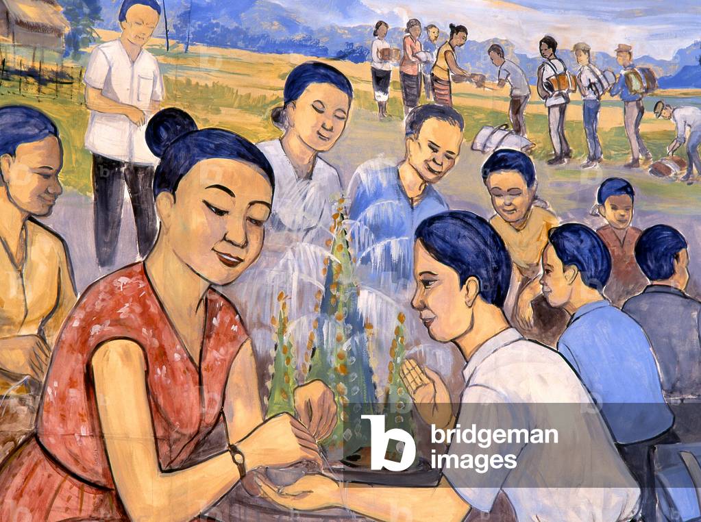 Laos: un poster socialista in stile realista che mostra una cerimonia religiosa, Vientiane