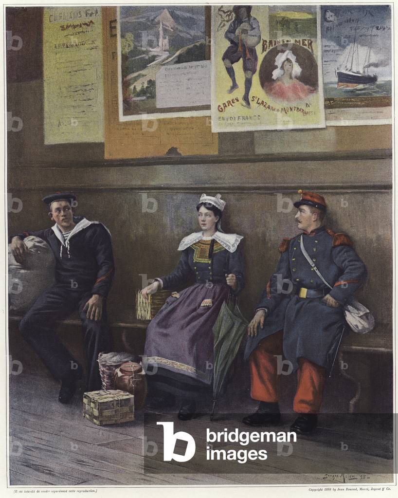 Eine junge Frau, die zwischen einem Seemann und einem Soldaten sitzt (Farbe litho)