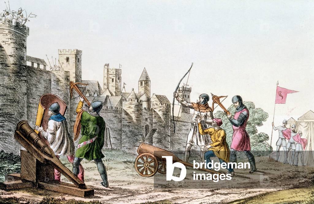 Guerra dei cent'anni tra Francia e Inghilterra. Le truppe inglesi attaccano le mura di una città francese con 