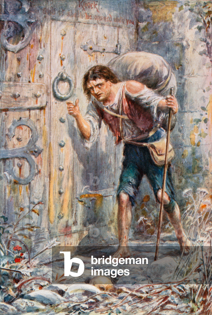 Image of Print depicting Christian reaches the wicket-gate (colour litho) 1901 by Robert Ambrose Dudley