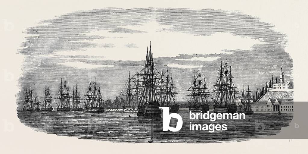 Image of Engraving depicting The Turkish Fleet in Bashika Bay 1850, b/w